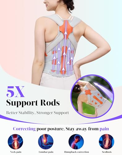 Image of Kepwaa Posture Corrector for Women and Men, 5 Full Back Support Brace Rods, Adjustable Shoulder Straightener, Relief for Upper and Lower Back, Neck, Lumbar, Scoliosis, Hump, Gray, Medium
