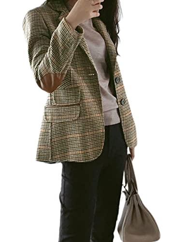 Women's Fashion Notched Lapel Wool Plaid Blazer Slim Long Sleeve Jacket with Elbow Patch2