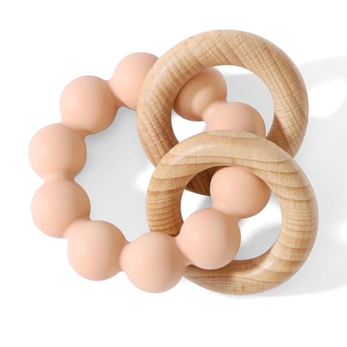Image of Socub Baby Teething Toys for 0-6 6-12 Months- BPA-Free Food-Grade Silicone & Natural Beech Wood Teether Ring for Newborn Infants Teething Relief- Easy-Grip Sensory Rattle Toys(Blush)