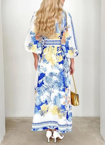 Womens Blue Button Down Shirt Dress Autumn Lapel Neck Lantern Sleeve Boho Outdoor Ceremony Maxi Dresses with Belt4