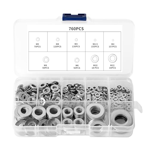 760 Pcs Arandelas Metálicas de Seguridad para Tornillos, Arandelas Planas de Acero Inoxidable, Arandel Planas para Reparación Pernos y Tuercas, M2 M2.5 M3 M4 M5 M6 M8 M10 M12