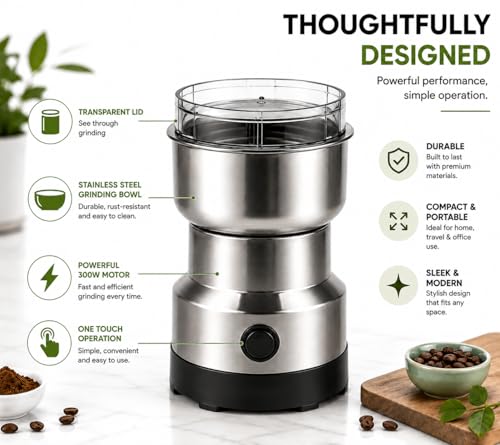 Image of Electric Coffee Grinder & Spice Grinder, 300W Fast Grinding with Stainless Steel Blades | for Coffee Beans, Spices, Seeds, Herbs | Dry Food Mill | Mini Kitchen Grinder