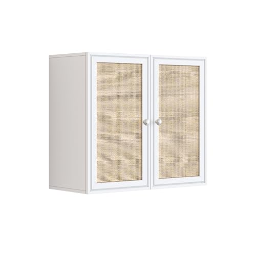 Image of Laundry Room Cabinets 24INCH Bathroom Cabinets Wall Mounted with Adjustable Shelves, Rattan Wall Cabinet for Bedroom, Kitchen, Bathroom, White