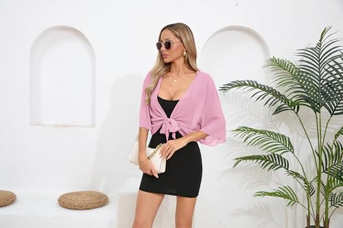 Image of TASAMO Women's 2026 Summer Lightweight Short Bolero Cardigan Shrug Sheer Tie Front Top 3 /4 Sleeve Jacket for Dress