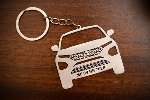 Image of Personalized Tata Harrier Design Car Model Metallic Keychain - Custom Engraved Key Ring with Number Plate, Best Gift For Car Lovers