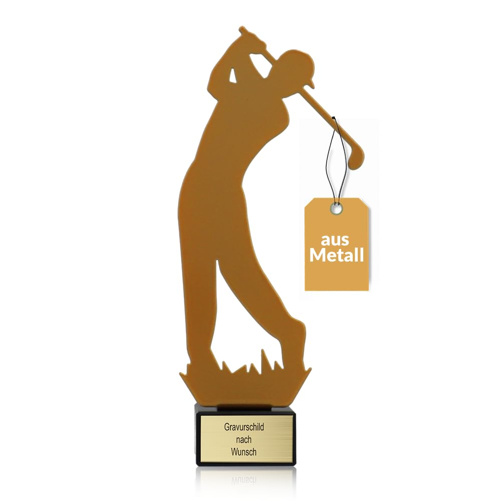 Pokal-Fabrik - Goldener Golf Pokal 21 cm aus Metall mit Gravur - Geschenk-Trophäe mit Golfer-Silhouette & Steinsockel - Personalisiertes Geschenk - Wanderpokal Golfen Zubehör