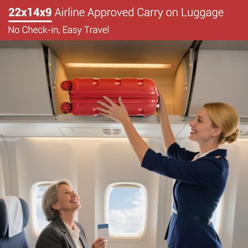 Image of Kono Carry On Luggage 20 Inch Expandable 22x14x9 Airline Approved Hard Shell Travel Trolley 4 Spinner Wheels Lightweight Polypropylene Suitcase with TSA Lock, Red