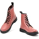 THATXUAOV women Combat Boots comfortable Black Ankle Boots PU Leather Lace up booties?Pink.US11?