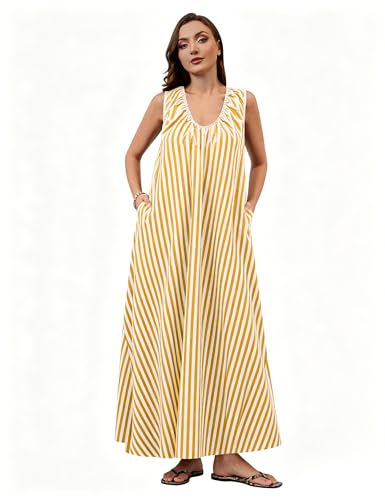 Image of Women Sleeveless Ruched Maxi Dress Scoop Neck Long Elegant Dresses Wide Shoulder Strap Blouse Dress with Side Pockets