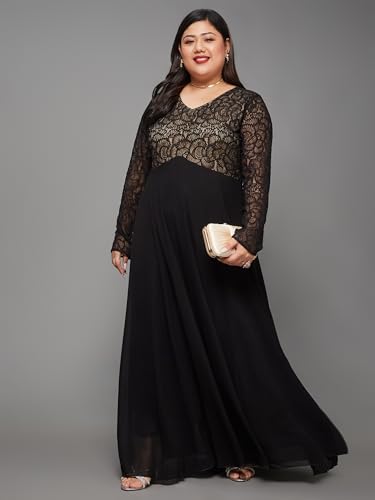 Image of Miss Chase A+ Women's Floral Printed Relaxed Fit V -Neck 3 /4Th Sleeve Georgette Maxi Dress