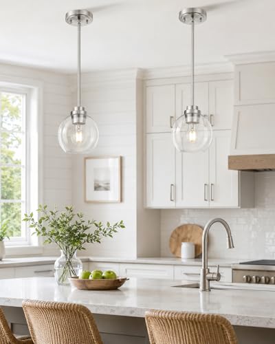 Image of Pendant Lights Kitchen Island 2 Pack, 7 inch Modern Brushed Nickel Hanging Lights Fixtures with Clear Glass Globe Shade, Kitchen Island Lighting for Bathroom, AD-22280-1P2-SN-C