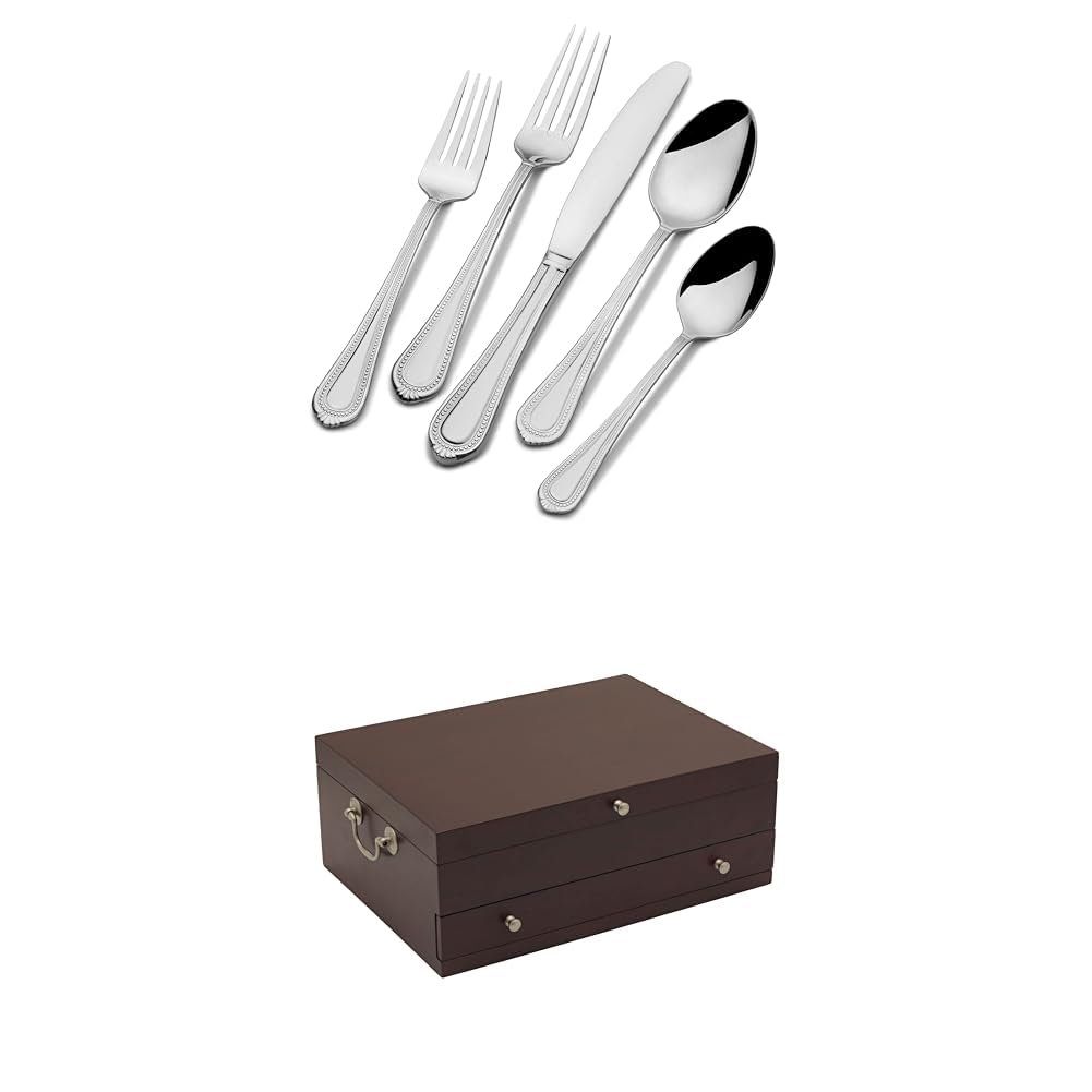 Mikasa Regent Bead 65 Piece Silverware Set, 18.10 Polished Mirror Stainless Steel, Service for 12 with Serving Set and 15 inch Flatware Storage Chest with Drawer