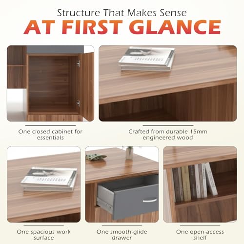 Image of 120x60x75 CM Engineered Wood Study & Office Table | 1 Year Warranty | Compact Table with 1 Open Shelf, Drawer & Cabinet for Work from Home | Easy DIY Assembly- Lyon Walnut & Gothic Grey