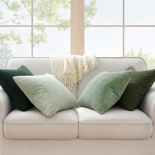 Image of Topfinel Light Green Decorative Throw Pillow Covers Green Series,Winter Fluffy Corduroy Striped Euro Pillows Shams for Couch Bed Bedroom,Western Modern Hunter Green Pillowcase 20x20 Inch Set of 4