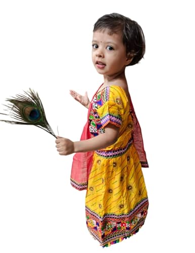 Image of BookMyCostume Radha Dress for Baby Girl | Janmashtami Radha Costume for Girls with Dupatta & Morpankh | Radha Rani dress for Baby Girl | Fancy Dress Costume for Role Plays & Festival | 6-12 Months