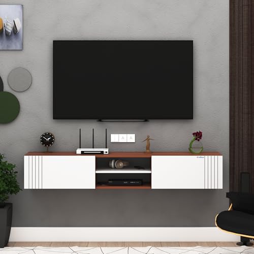 Image of Anikaa Nimbus Wall Mount TV Unit Cabinet | Modern Entertainment Center with Storage, Drawers, Shelves & Soft-Close Doors | Stylish Floating TV Stand for Up to 50 inch TVs - Walnut /White (DIY Installation)