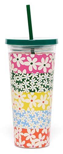 Ban.do Sip Sip Insulated Tumbler with Reusable Straw, 24 Ounce Floral Travel Cup, Daisies