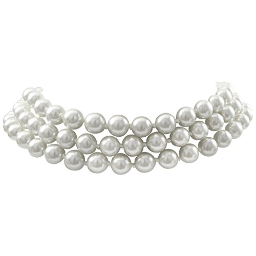 Isaac Kieran Faux Pearl Choker Necklace, Rhodium Finish, 3-Strands - 8-mm Pearls, 14 Inch plus 3 Inch Extender (White)