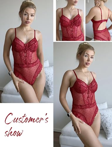 Image of Avidlove Women Sexy Lingerie Sheer Lace Bodysuit V Neck Teddy Lingerie One Piece Mini Babydoll