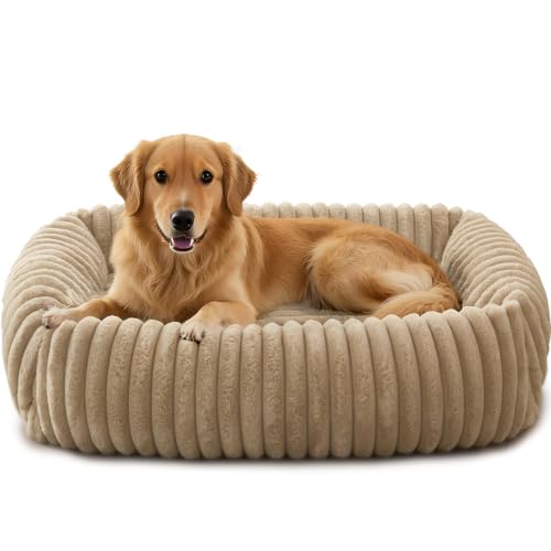 Image of FURTIME Dog Bed Medium Size Dog, Washable Orthopedic Pet Bed with Removable Cover, Rectangle Soft Calming Sleeping Puppy Bed Durable Pet Cuddler with Anti-Slip Bottom, Beige, M Plus (30 inchx24 inchx8 inch)