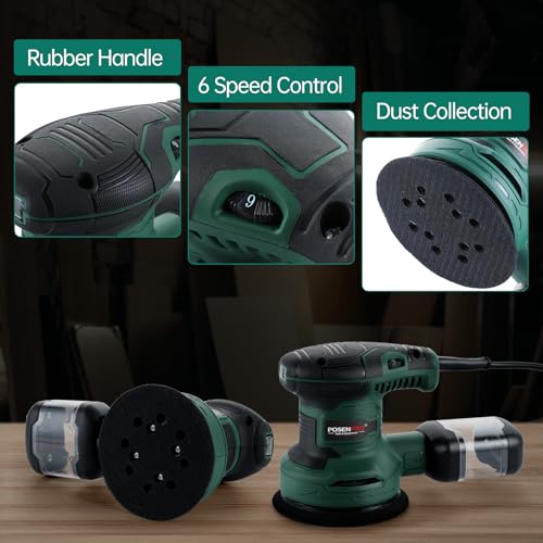 POSENPRO 300W Random Orbital Sander with 20Pcs 125mm Sandpapers, 7000-13000RPM 6 Variable Speed Sander Machine, High Performance Dust Collection System for Woodworking, Dust Collection Box Include 5 POSENPRO 300W Random Orbital Sander with 20Pcs 125mm Sandpapers, 7000-13000RPM 6 Variable Speed Sander Machine, High Performance Dust Collection System for Woodworking, Dust Collection Box Include - Image 5