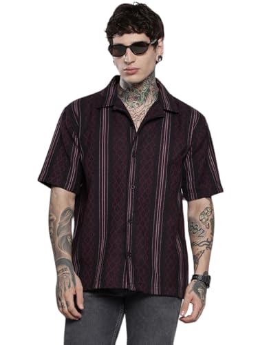 Chemise col cubain homme en noir profond à rayures et manches moyennes XL