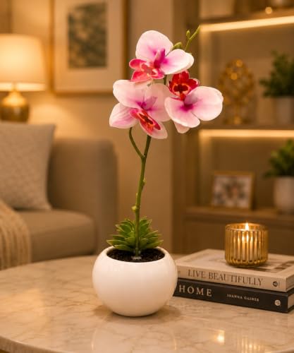Image of LE'SIJA DECORATIONS Artificial Orchid Plant, 35cm Pink Silk Flowers Real Touch Latex Petals, 4 Bloom Heads in White Plastic Pot for Home, Wedding, Office, Tabletop Decor (Orange)