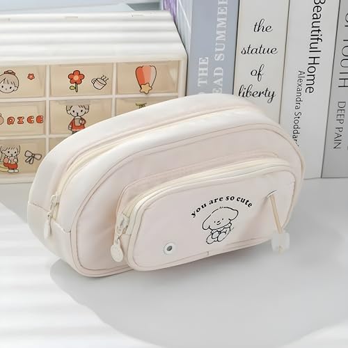 Image of Large Capacity Cute Pencil Case - Multi-Layer Stationery Organizer with Handle, Mesh Pockets & Pen Slots - Portable Storage Pouch for School, Office & Art Supplies (Beige Puppy)