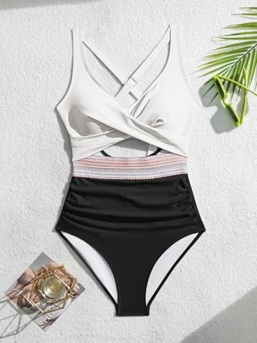 Image of B2prity Women's One Piece Swimsuit Tummy Control High Waisted Bathing Suit | Color Block,Removable Soft Cups,Cutout,V neck,Full Coverage,Adjustable Criss Cross Straps,Tie Back