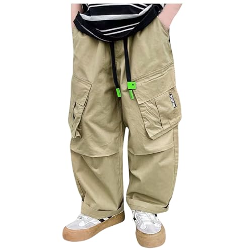 Boys Baggy Cargo Pants Casual Loose Fit Parachute Pant Fashion Harem Joggers Sweatpants with Pockets 8-9 Years 31 Khaki