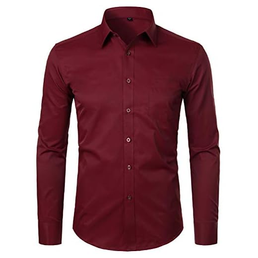 ZEROYAA Men's Long Sleeve Micro Twill Dress Shirt Basic Slim Fit Button Up Business Formal Shirts with Pocket ZYSGCL02 Burgundy Medium