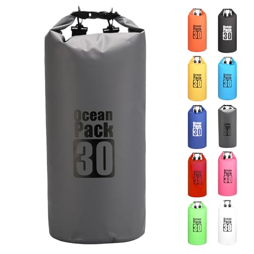 MORAINJAY 30L Bolsa Estanca,Gris Bolsa Impermeable Bolsa Seca Mochila Estanca con Correa de Hombro Ajustable,2L/5L/10L/15L/20L Dry Bag para Camping,Pesca,Rafting,Ciclismo