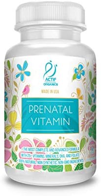 Actif Organic Prenatal Vitamin with 25+ Organic Vitamins, 100% Natural, DHA, EPA, Omega 3, and Organic Herbal Blend - Non-GMO, 90 Count