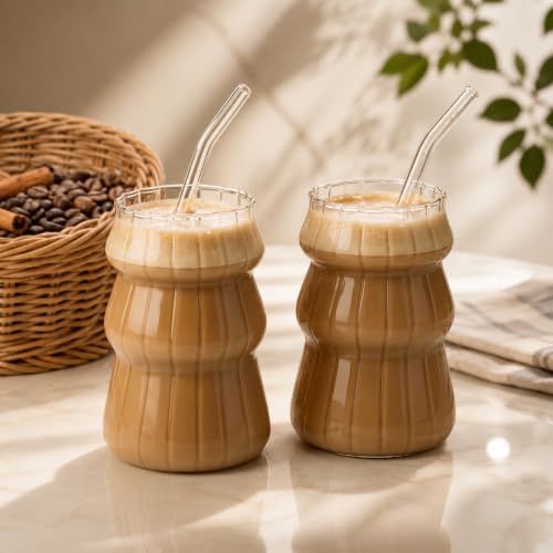 Image of Christmas Tree Shape Coffee Tumbler with Glass Straw - (Pack of 2, 480ml Each), Ribbed Glass Coffee Mug, Iced Coffee, Smoothie Glass, Milkshake Cup, Juice, Birthday Gift