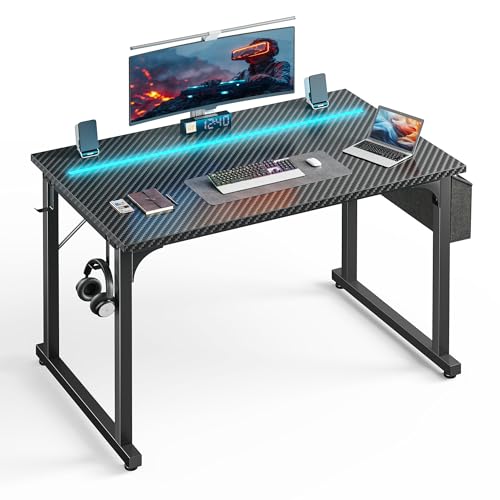 DurayLoly 40 Inch Computer Desk with LED Lights for Small Spaces, Office Desk for Home Office, Study Desk Writing Table with Storage Bag, Headphone Hook, Black