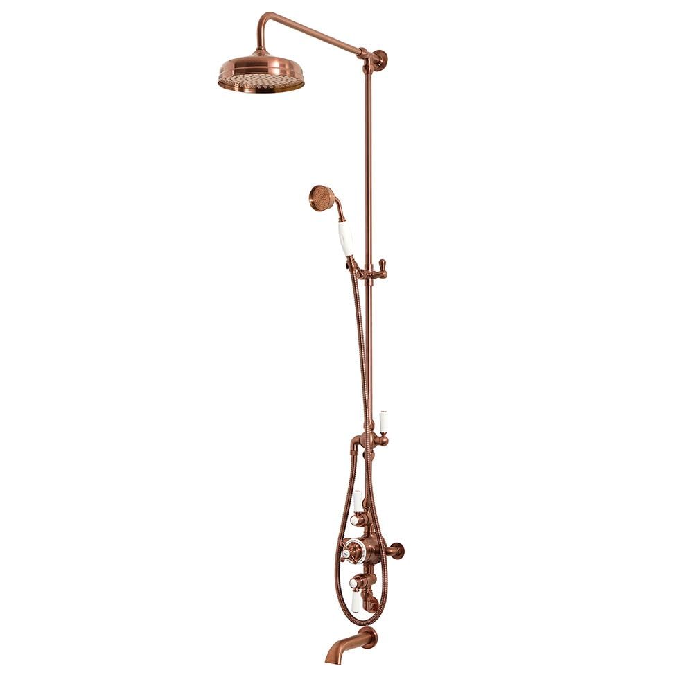 Milano Brushed Copper Elizabeth Rigid Riser Thermostatic Valve Round Shower Head Handset Bath Spout - Copper