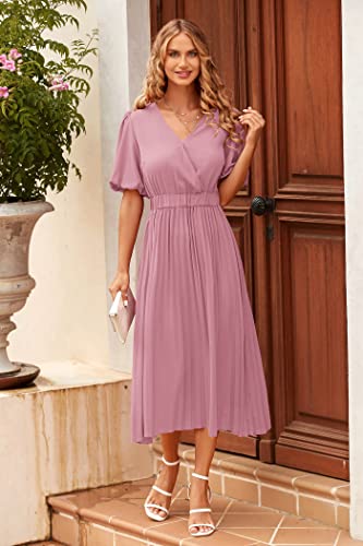 Prettygarden Women's Summer Pleated Midi Dress Wrap V Neck Puff Sleeve Casual Chiffon A Line Flowy Dresses (Pink,Medium) #TOP1