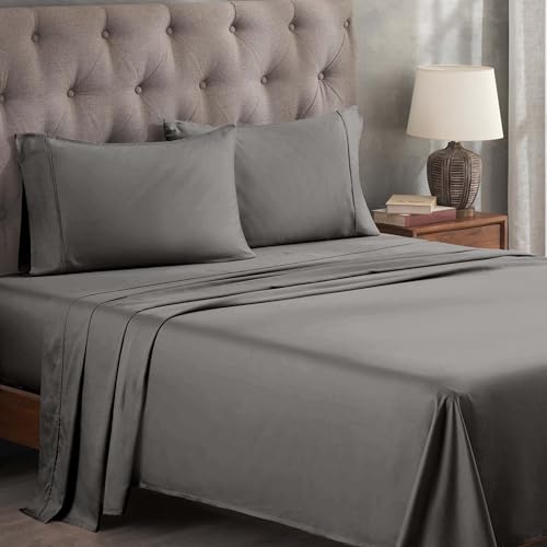 SUPERIOR Egyptian Cotton 400 Thread Count Bed Sheet Set, 1 Elastic Deep Pocket Fitted Sheet, 1 Flat Sheet, 2 Pillowcases, Soft Bedding, Luxury Sheets, Sateen Weave, California King Size, Grey