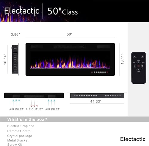 Image of Electactic 50 Inch Electric Fireplace Insert Ultra-Thin - Recessed & Wall-Mounted Fireplace Heater with Thermostat, Adjustable Flame, Remote Control - Linear with Timer, Touch Screen, 750 /1500W