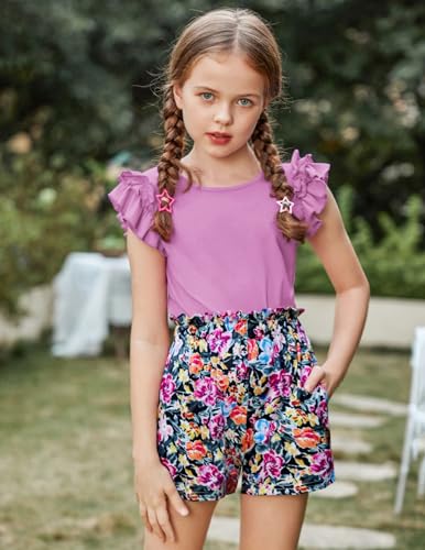 Image of Arshiner Girls 2 Piece Outfits Summer Clothes Ruffle Short Sleeve Shirts Top and High Waist Paper Bag Shorts Set with Pockets