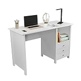 Techni Mobili White Desk with Drawers - Small Office Desk with 3 Cabinet Drawers, Open Shelf, & Laminated Wooden Panels Office & Study Table for Bedroom & Workstations