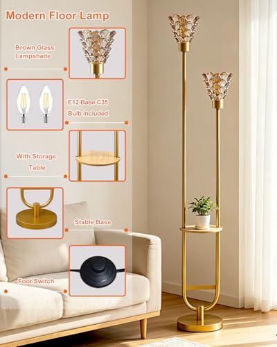 Image of Lightdot 2-Lights Modern Glass Floor Lamp with Shelf Gold Standing Tall Lamps with Amber Shell Glass Shade,LED Floor Lamp with Foot Switch for Living Room Bedroom Home Decor (3000K Bulbs Included)