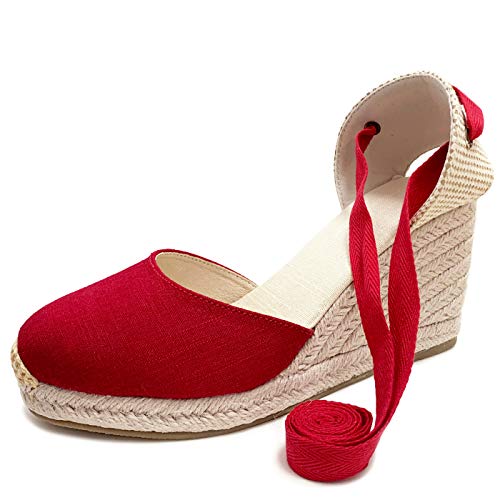 Image of Womens Espadrille Wedge Sandals Closed Toe Platform Lace Up Ankle Strap Slingback Summer Dress Shoes
