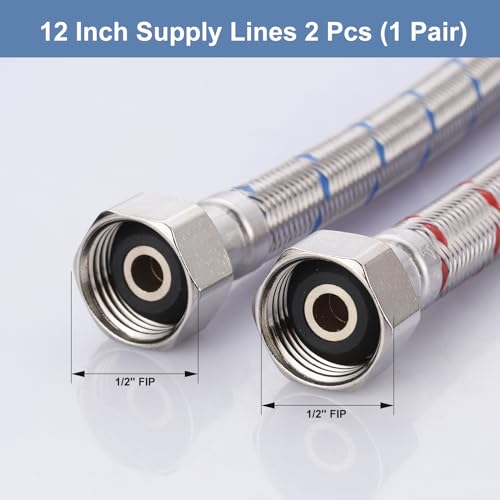 12 Inch Length Faucet Hose 1/2” to 1/2”, Braided Stainless Steel cUPC Supply Lines 1/2 Inch FIP x 1/2 Inch FIP Sink Hose Attachment for Faucet 1 Pair