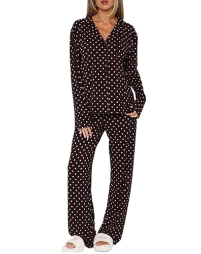 FHNUVB Womens 2 Piece Polka Dot Pajamas Set Cute Pjs Button Down Long Sleeve Wide Leg Y2K Fall Lounge Set Sleepwear S-XL