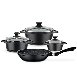 GSW Kochtopf- und Pfannenset Gourmet Granit – hochwertiges Set bestehend aus Töpfen und Pfanne, inkl. Deckel, auch für Induktion und Backofen – Aluguss, 7-teilig, Schwarz