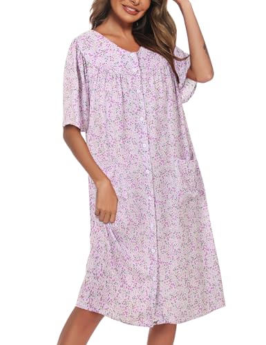 Image of COSUNIONY House Dresses for Women Cotton Short Sleeve House Coat Buttons Down Dusters Robe with Pockets S-XXL