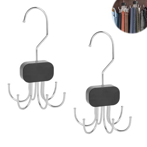 2 Porte-Ceintures avec 6 Crochets, Range Ceinture Rotatif 360° Cintre Gain de Place en Métal et Bois pour Ceintures, Cravates, Soutiens-Gorge, Écharpes (Noir)