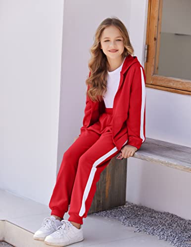 Boyoo Girl's 2Pcs Athletic Sweatsuit Sets Zip-Up Sweatpant Hooded Sweatshirt Jogger Tracksuit Outfit, Red Solid, 10-11 Years #TOP1