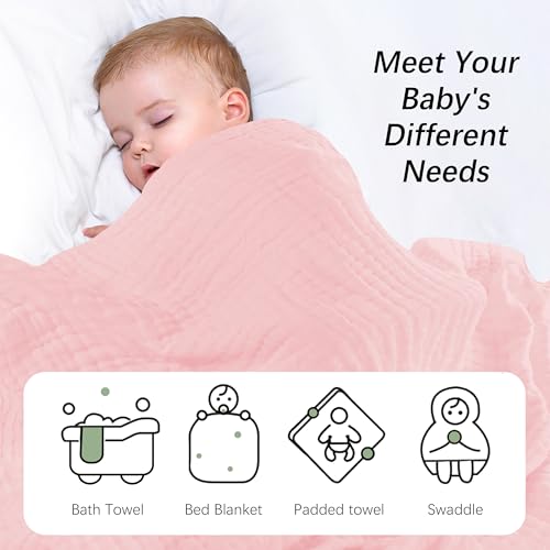 Image of SWEET DOLPHIN Muslin Baby Bath Towels Blanket - 2 Pack 100% Cotton Towel for Babies, Infants, Toddlers - 40x40Inch - Highly Absorbent, Pink